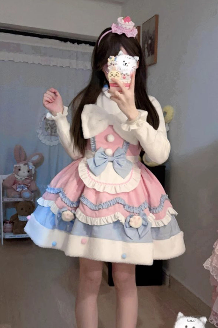 [Cream Snow Cat] Winter Ruffle Bowknot Sweet Lolita Jsk Dress 3 Colors