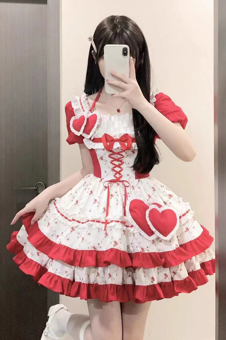 Red Double-Layered Floral Print Ruffle Bowknot Sweet Lolita Dress