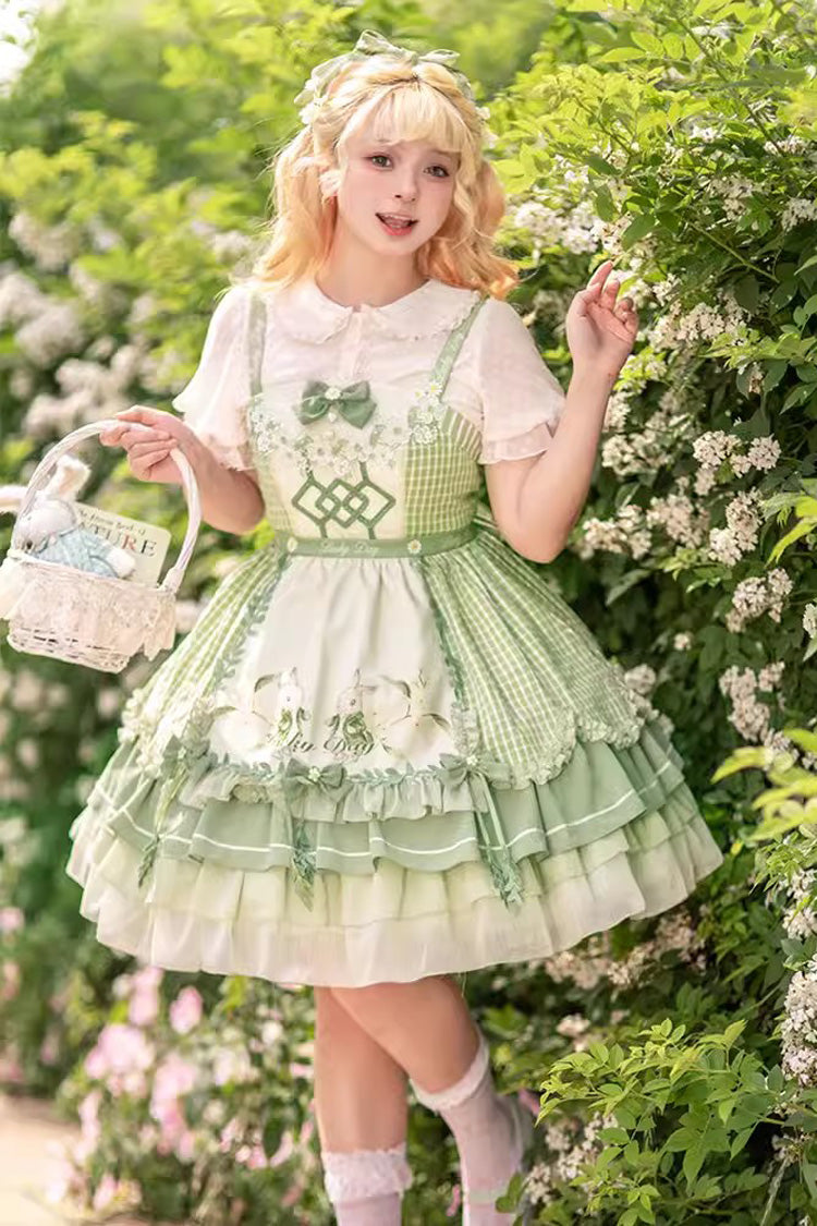 Grünes, mehrlagiges, bedrucktes Rüschen-Schleifenkleid im Country-Stil mit süßem Lolita-JSK (mit Schürze)