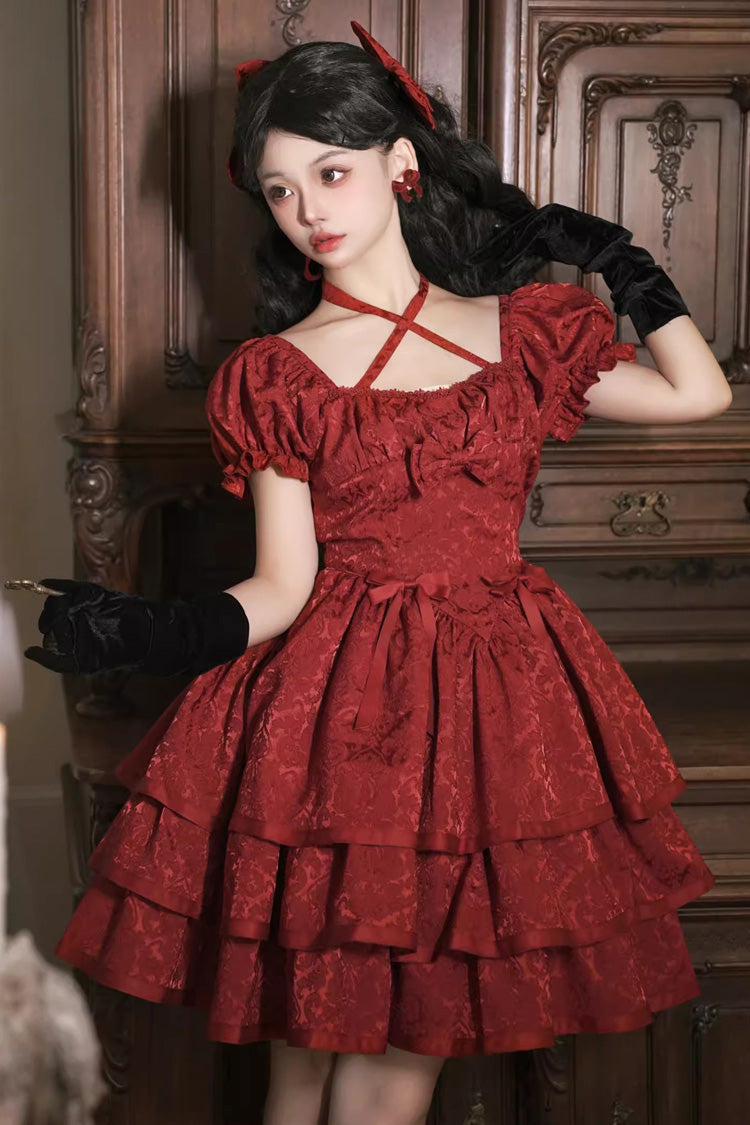 Red Thorn Rose Short Sleeves Multi-layer Ruffle Bowknot Gothic Princess Lolita Dress