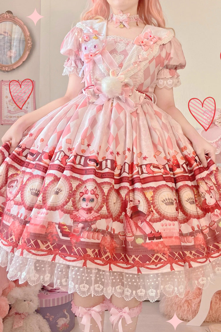 White [Afternoon Fantasia] Print Ruffle Bowknot Sweet Lolita Jsk Dress