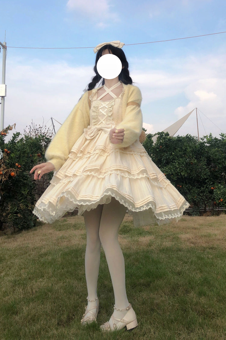 Apricot First Love Süßes Lolita JSK Kleid mit dreilagigem Rüschen und Schleife aus Spitze