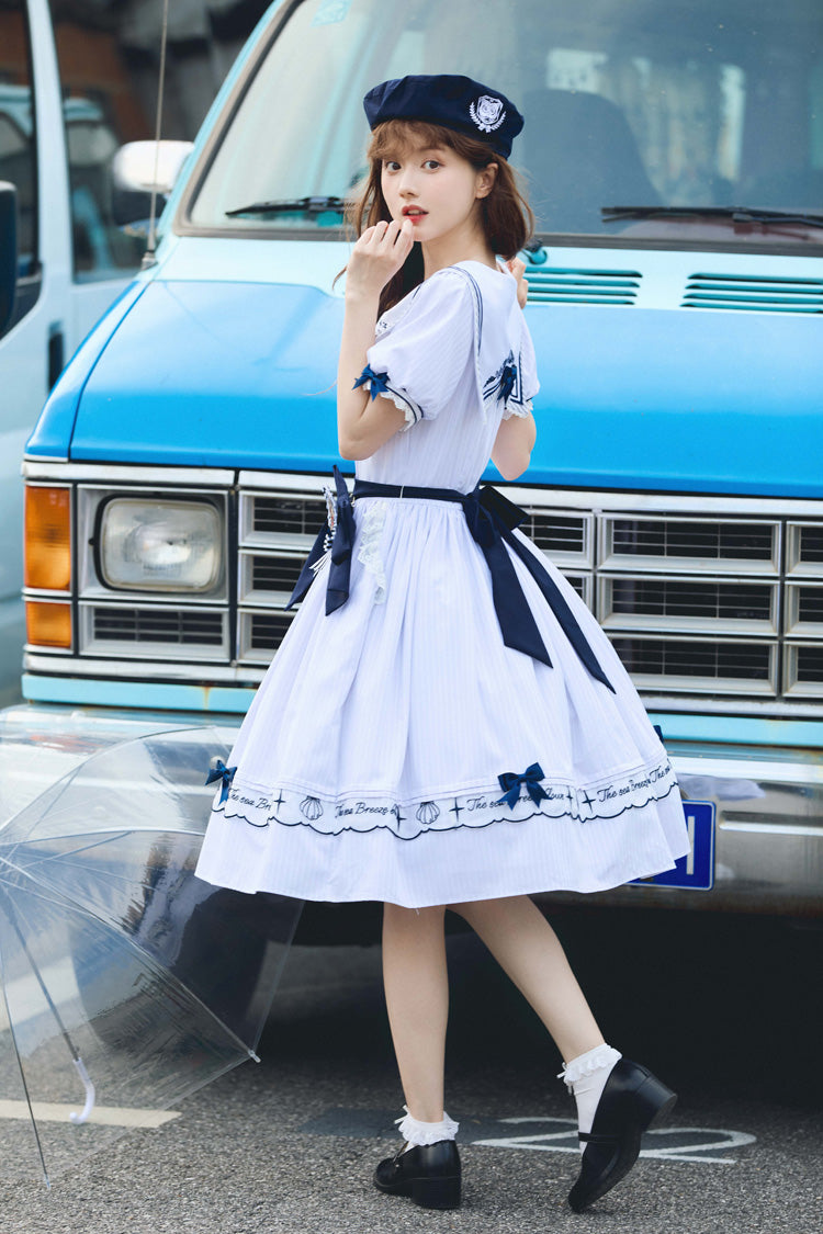 White Navy Stripe Print Short Sleeves Ruffle Embroidery Sweet Lolita Dress