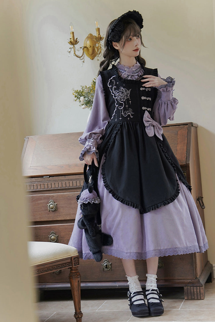 Black/Purple Petal Collar Drawstring Long Sleeves Embroidery Sweet Chinese Style Lolita Dress Two-piece Set