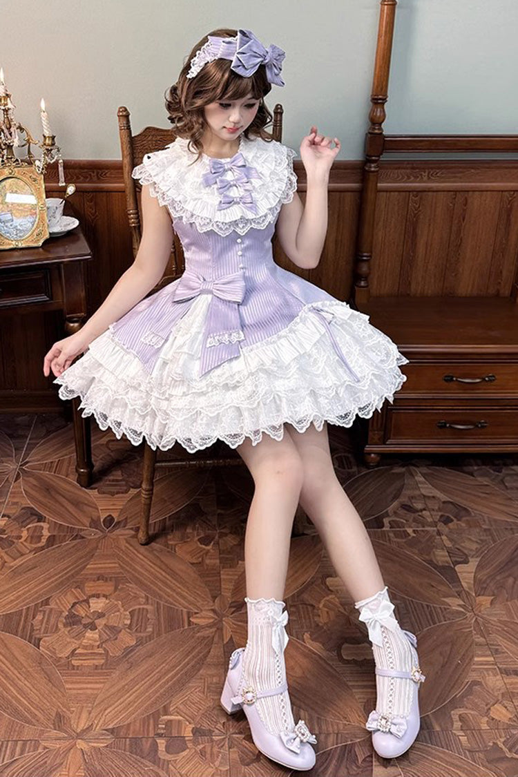 Purple [Miss Tsundere] Sleeveless Multi-Layered Ruffle Bowknot Lace Asymmetric Sweet Princess Lolita Dress