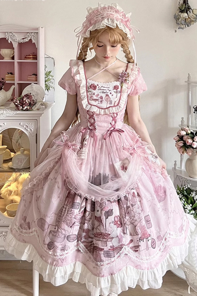 Pink Rabbit Print Square Collar Short Sleeves Ruffle Bowknot Lace Sweet Lolita Dress