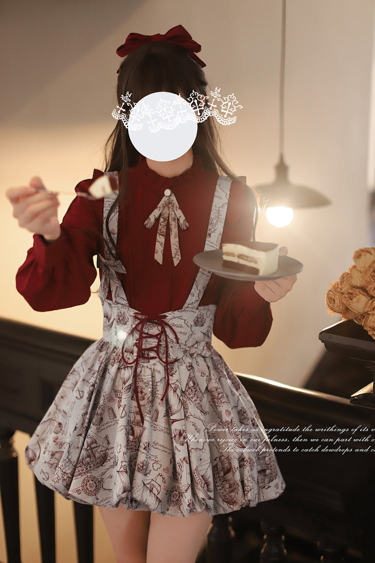 Grey [Elise] Print Ruffle Lace-Up Sweet Lolita Skirt