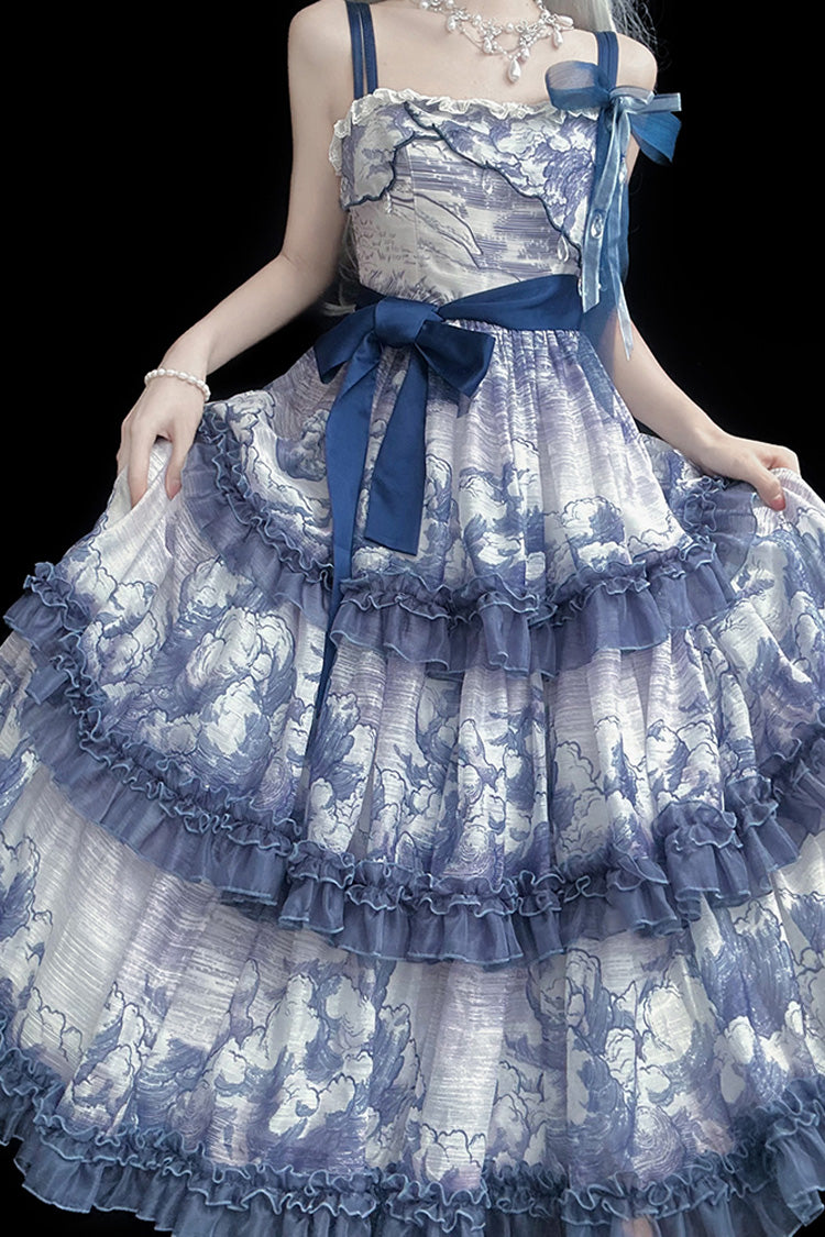 Mehrfarbiges, mehrlagiges, süßes Lolita-JSK-Kleid mit Rüschen und Schleife im Cumulonimbus-Print