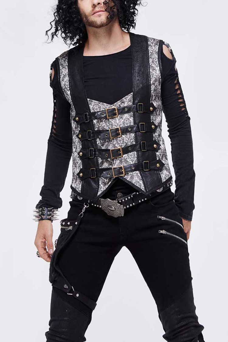 Silver Back Lace Up Jacquard Splice Chest Loop Men's Punk Waistcoat