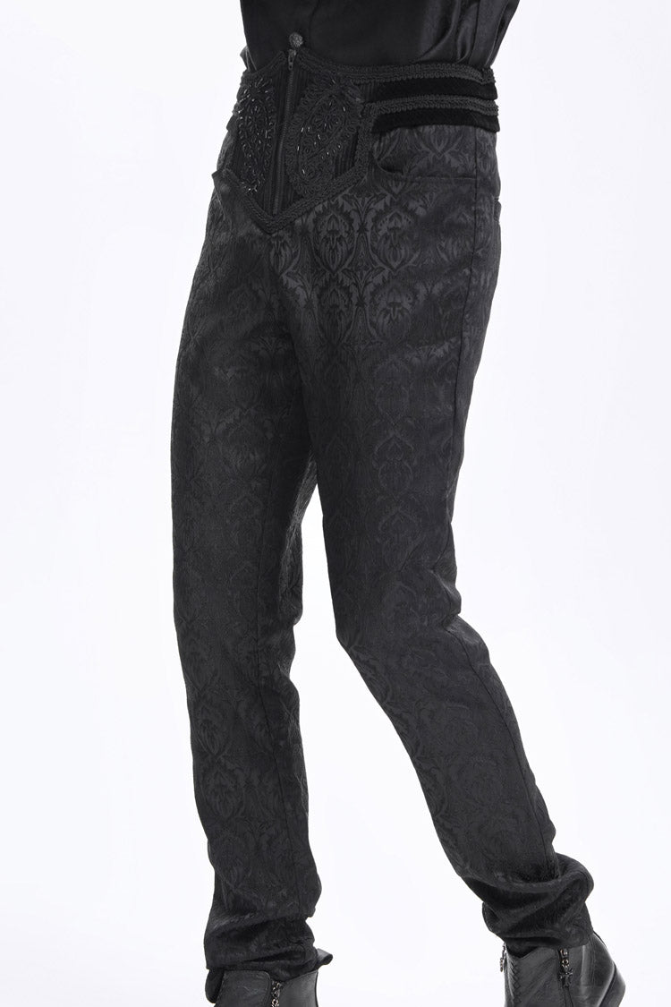 Black Floral Print Embroidery Branded Zip Men's Gothic Pants