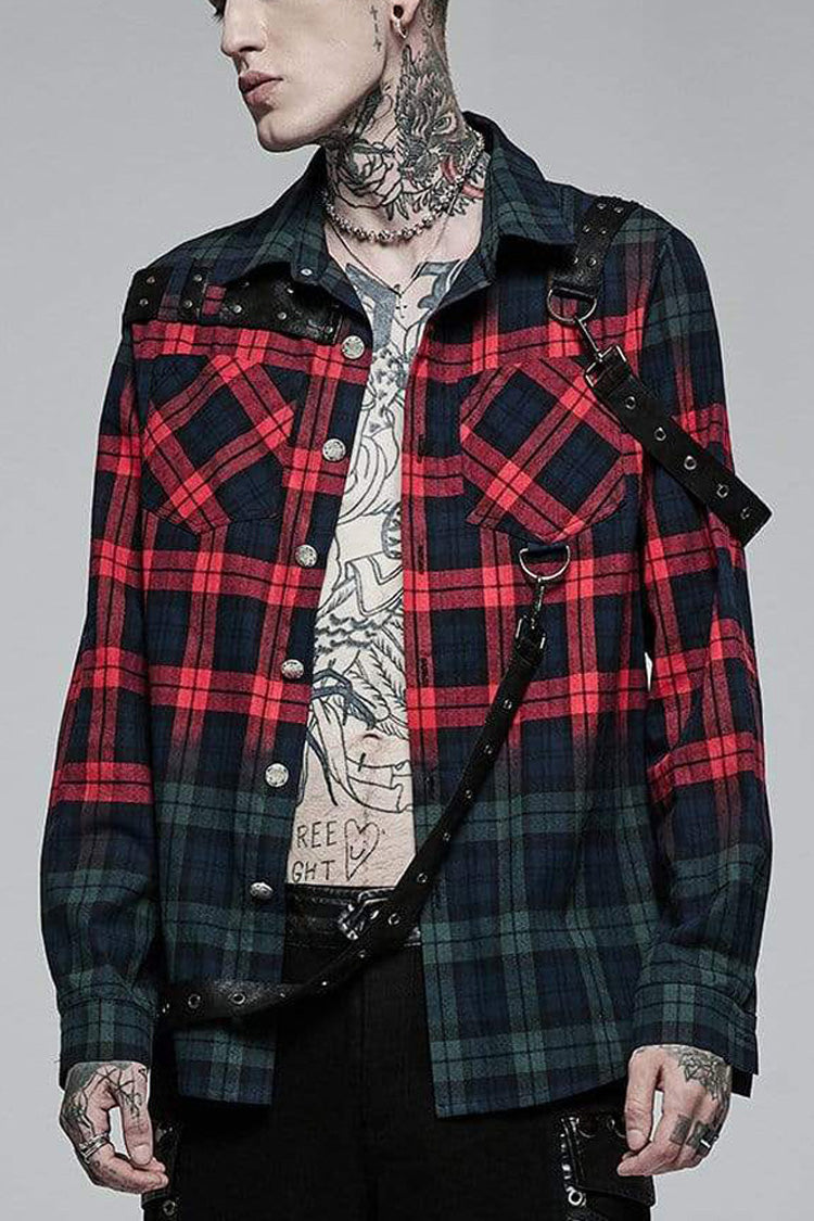 Red/Green Punk Plaid Simple Leather Loops Cotton asticity Men's Shirt