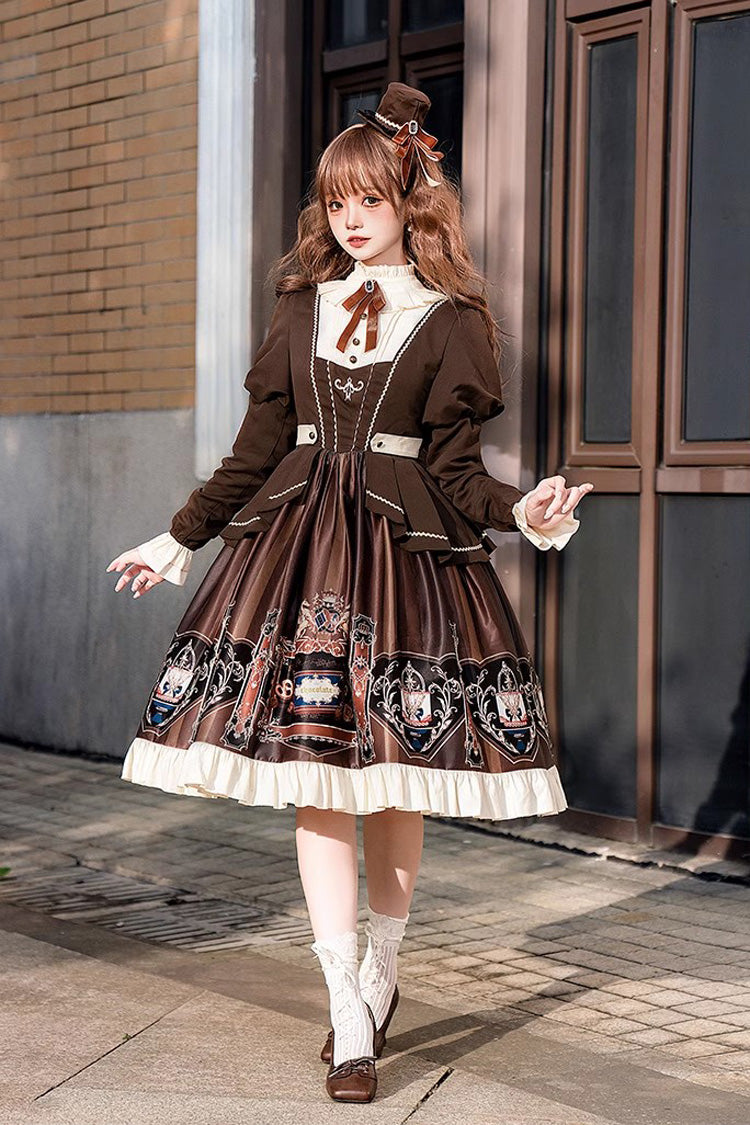 Chocolate Academy Long Sleeves Print Ruffle Vintage College Style Elegant Lolita Dress 2 Colors (Includes petticoat)