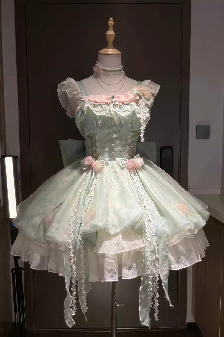 Süßes Lolita-Kleid mit grünem Blumen-Feenwaldgarten-Druck, Rüschen und Schleife