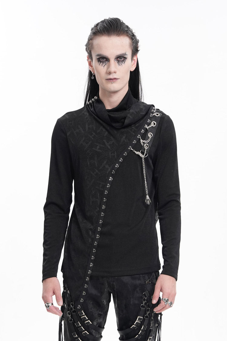 Schwarzes, langärmliges, asymmetrisches Gothic-Sweatshirt für Herren mit Kettenmuster und Drucknähten