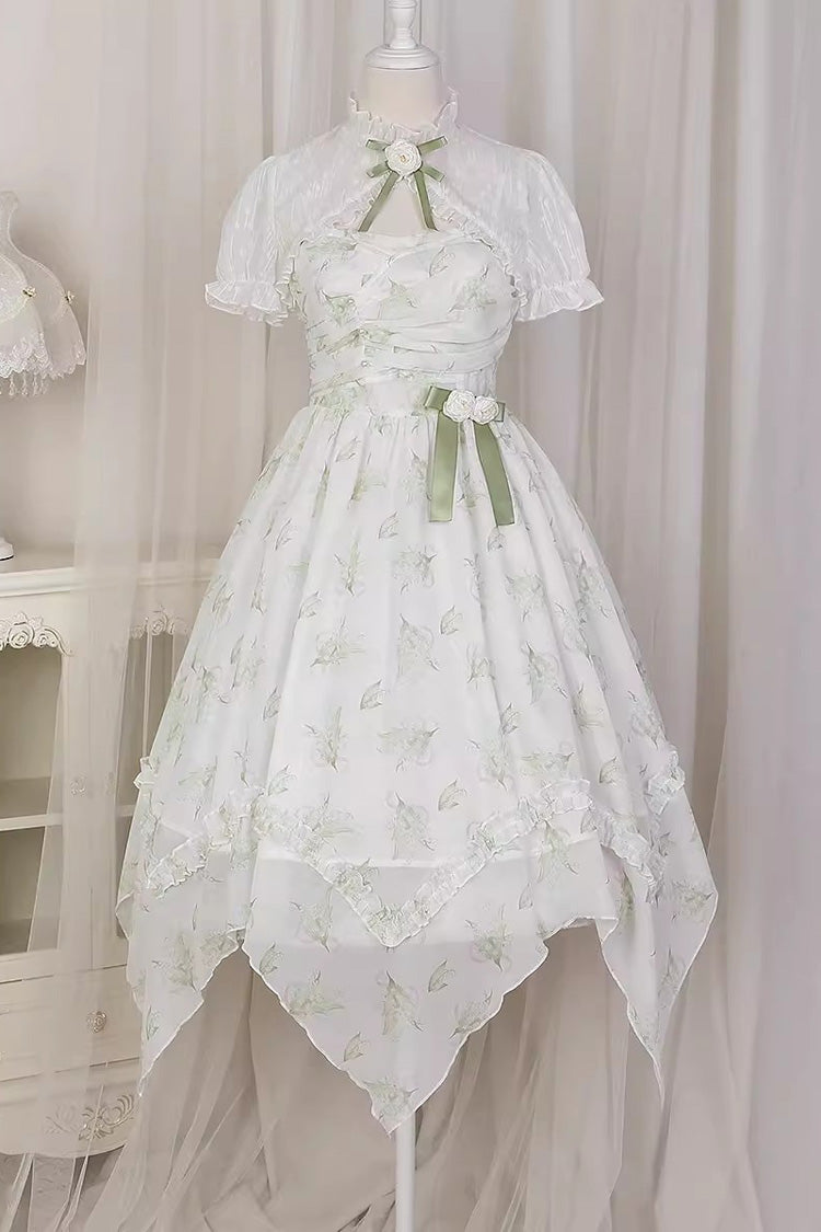 Lily of the Valley Spring Short Sleeves Jacquard Print Bowknot Irregular Sweet Lolita Jsk Dress