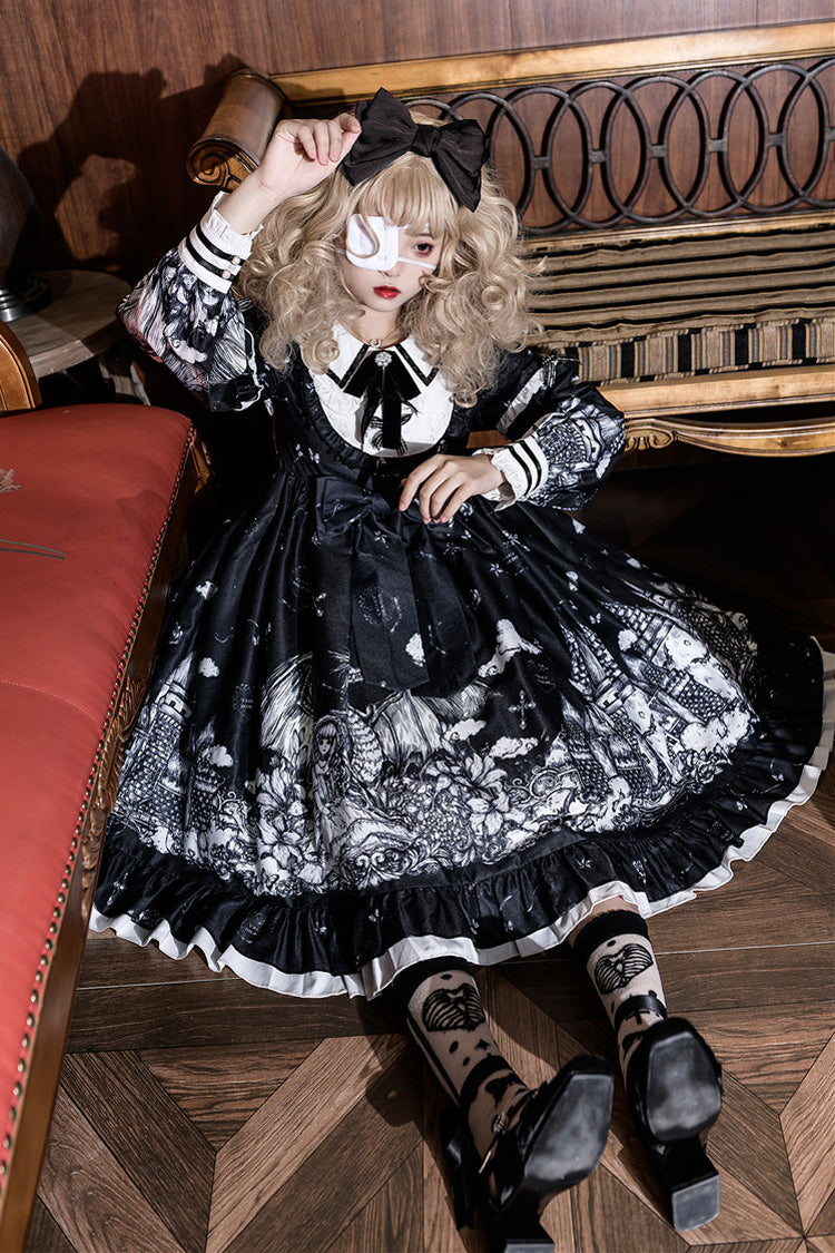 Schwarzes [Castle Night] Bedrucktes Gothic Lolita Kleid mit langen Ärmeln und Rüschen