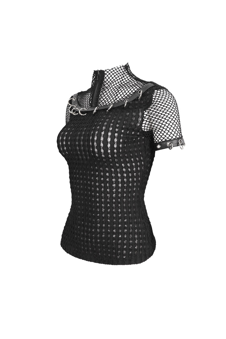 Black Mesh Rings Short Sleeved Womens Punk Top