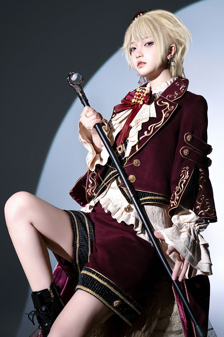 Red [Royal Heir] Embroidery Classic Military Gorgeous Handsome Ouji Lolita Coat Blouse Shorts Set