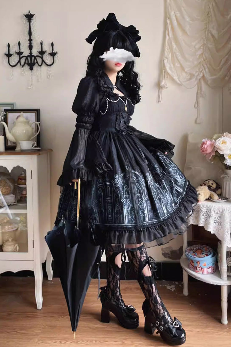 Schwarzes ärmelloses Gothic-Lolita-JSK-Kleid mit Rüschen und Church of Silent Night-Aufdruck