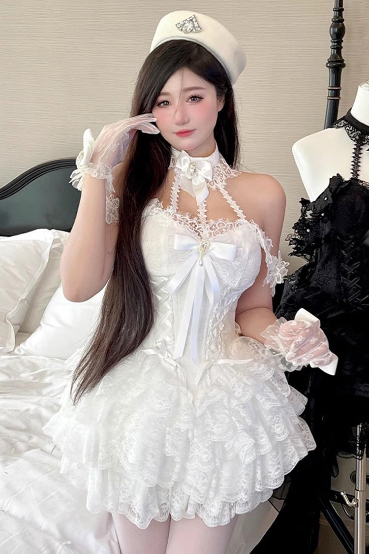 White Multi-layer Ruffle Hanayome Bowknot Lace Sweet Mini Lolita Skirt Dress