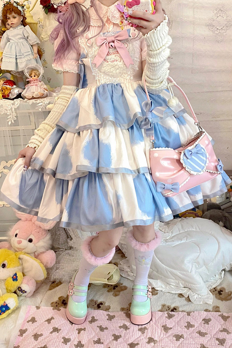 Blue Sleeveless Triple-Layered Cow Print Ruffle Bowknot Sweet Lolita Jsk Dress