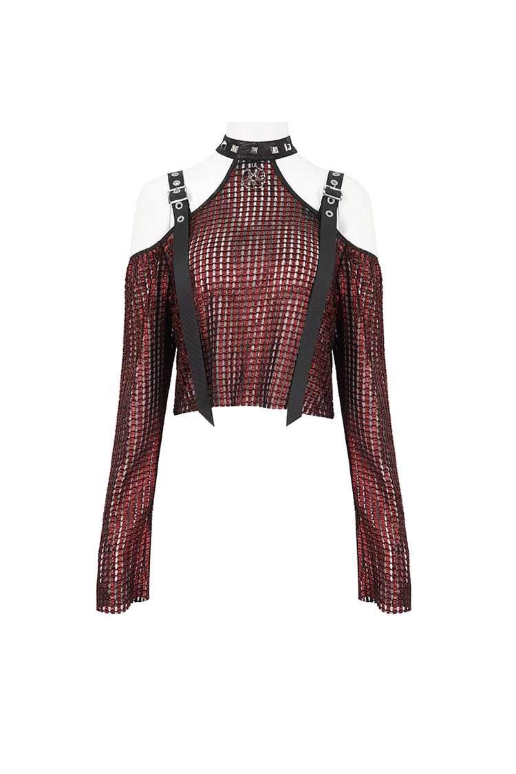 Red Off Shoulder Buckle Sheer Crop Women's Gothic Shirt