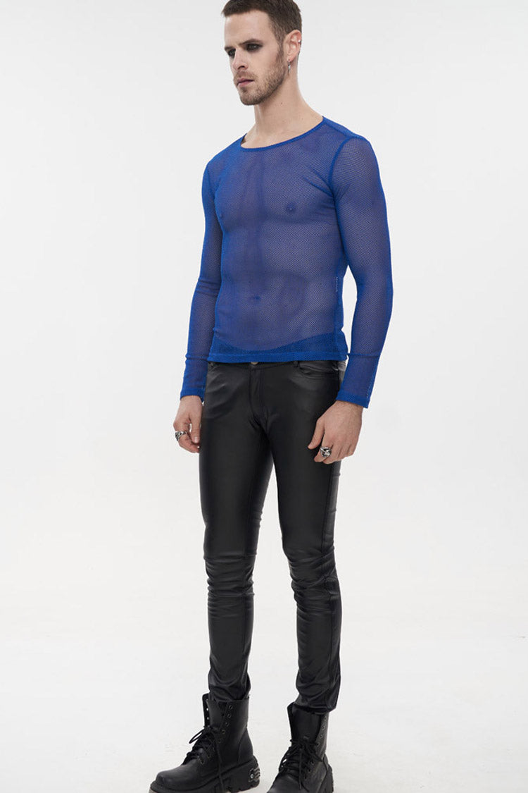 Blue Gothic Elasticity High Neck Long Sleeve Mesh Men's Shirt