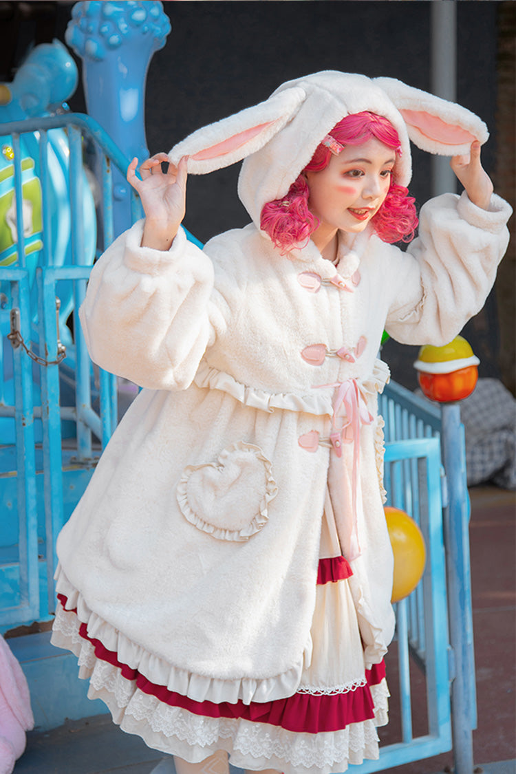 Ivory Long Ears Rabbit Ruffle Bowknot Hooded Daily Sweet Lolita Coat