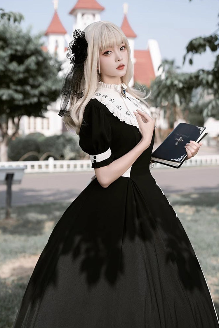 Black/White Short Sleeves Color-blocked with Detachable Embroidered Faux Collar Gothic Lolita Dress