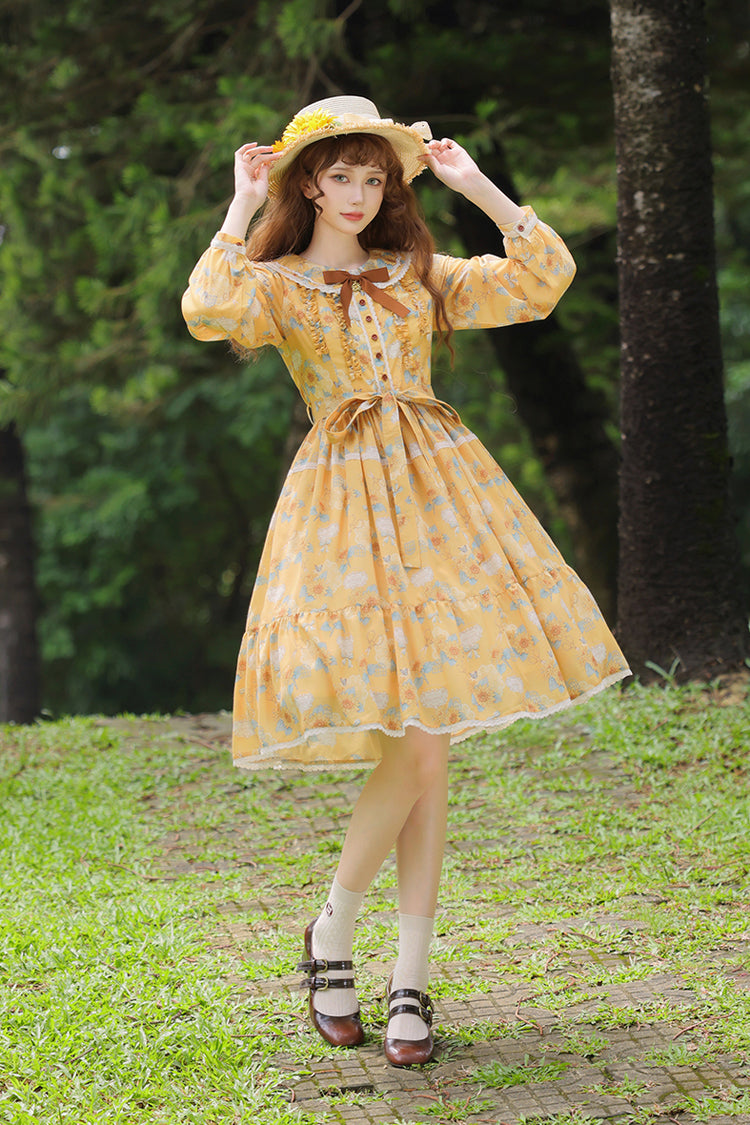 Yellow [Gardening Sunflower] Long Sleeves Print Ruffle Bowknot Sweet Elegant Lolita Dress