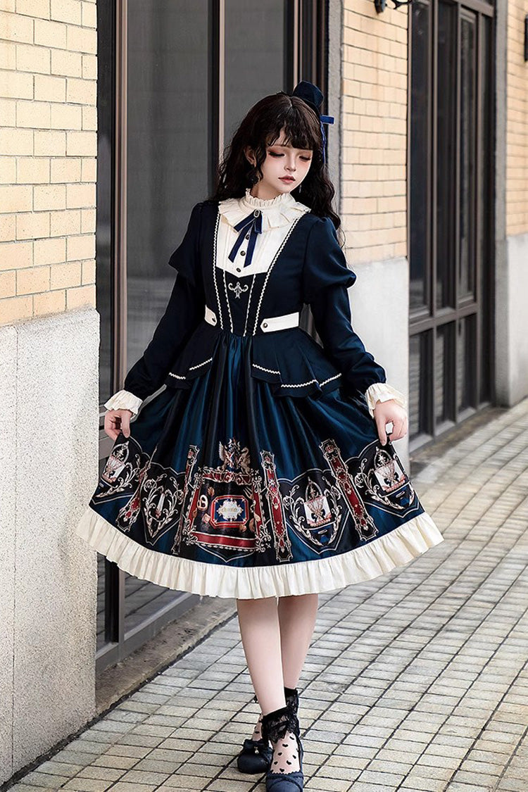 Chocolate Academy Long Sleeves Print Ruffle Vintage College Style Elegant Lolita Dress 2 Colors (Includes petticoat)