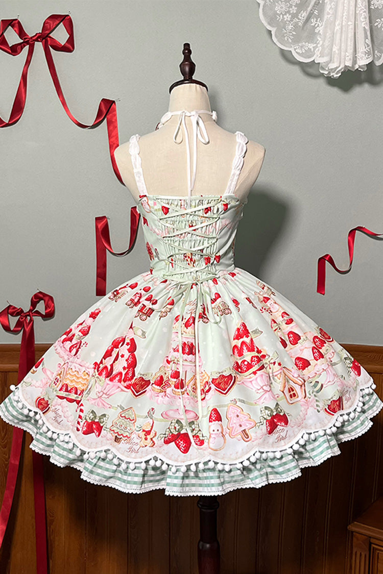 Mint Erdbeer Dessert Print Natürlich taillierte Rüschen Schleife Süßes Lolita JSK Kleid 4 Farben