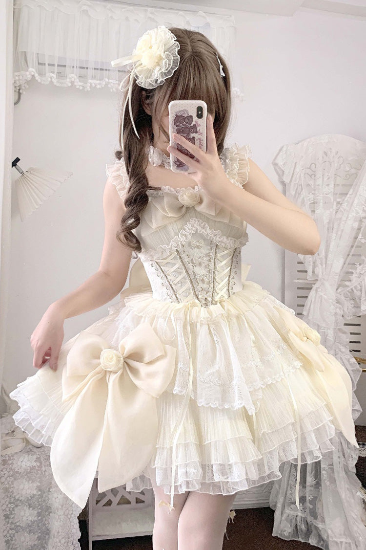 Beige Multi-layer Ruffle Hanayome Bowknot Lace-Up Sweet Princess Lolita Jsk Dress