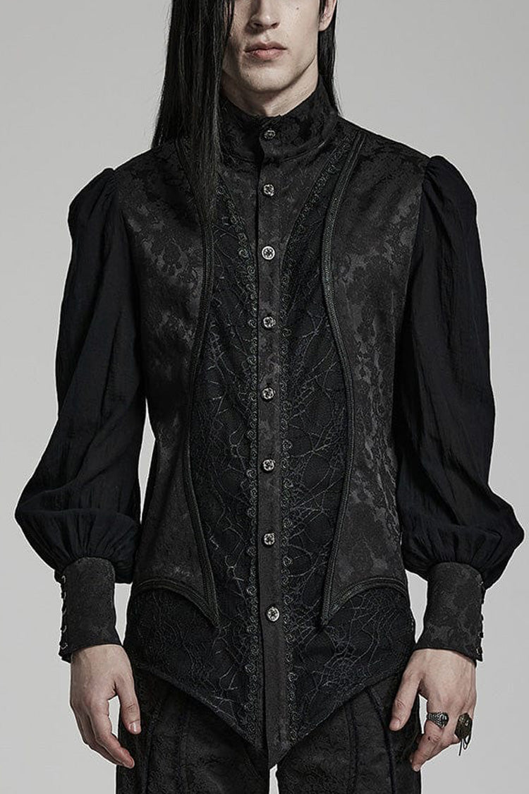 Black Stand Collar Long Puff Sleeves Jacquard Print Lace Mens Gothic Blouse