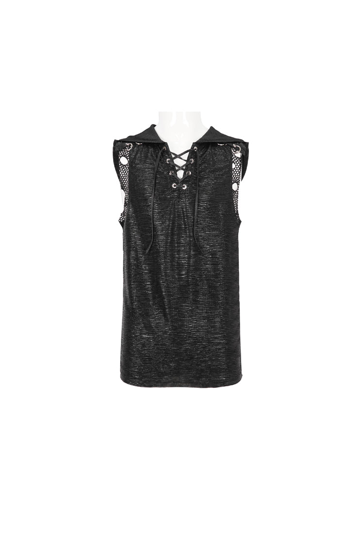 Black Strappy Mesh Splice Men's Punk Vest With Hood