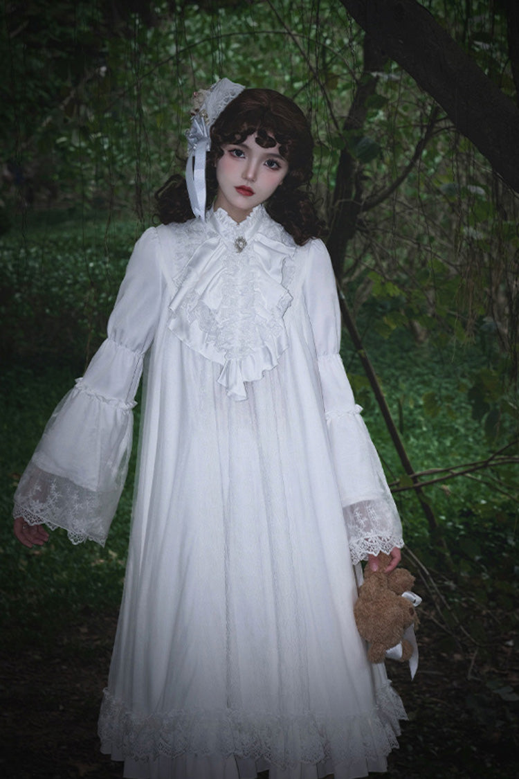 White [Requiem] Stand Collar Long Sleeves Ruffle Lace Gothic Lolita Dress