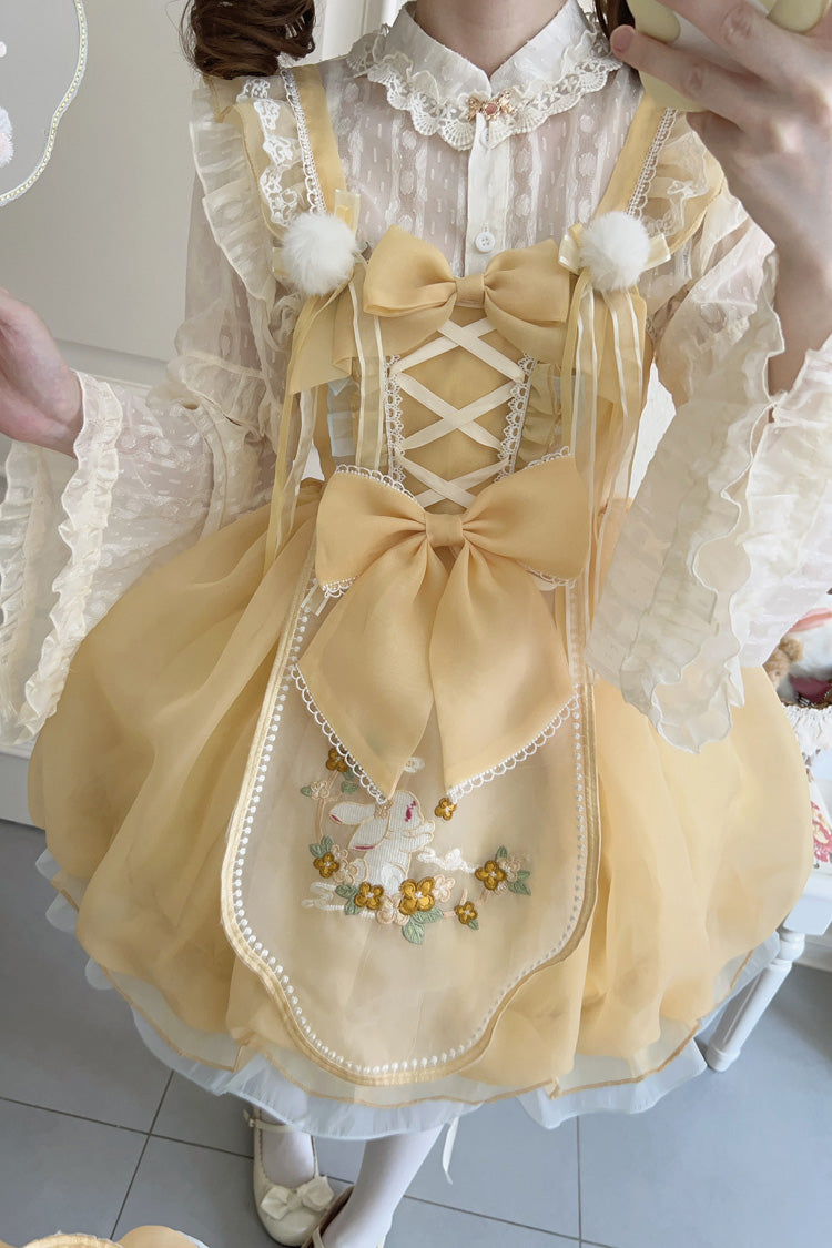 Yellow [Moon Rabbit Shadow] Embroidery Ruffle Bowknot Lace Sweet Lolita Jsk Dress