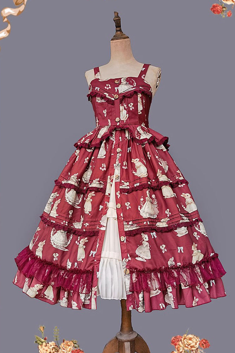 Miss Rabbit Dance Print Multi-layer Ruffle Sweet Elegant Lolita Jsk Dress 4 Colors