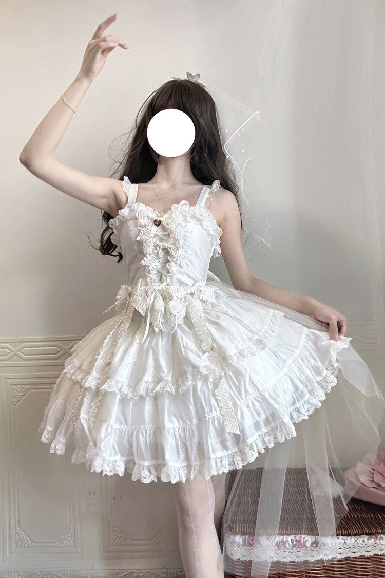 White [Sweetheart Splolita] Ruffle Bowknot Lace-Up Sweet Lolita Skirt Set