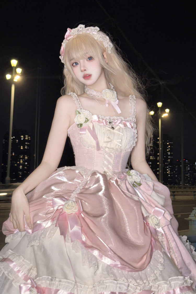 Apricot/Pink Multi-layer Ruffle Hanayome Bowknot Sweet Princess Gorgeous Long Lolita Jsk Dress