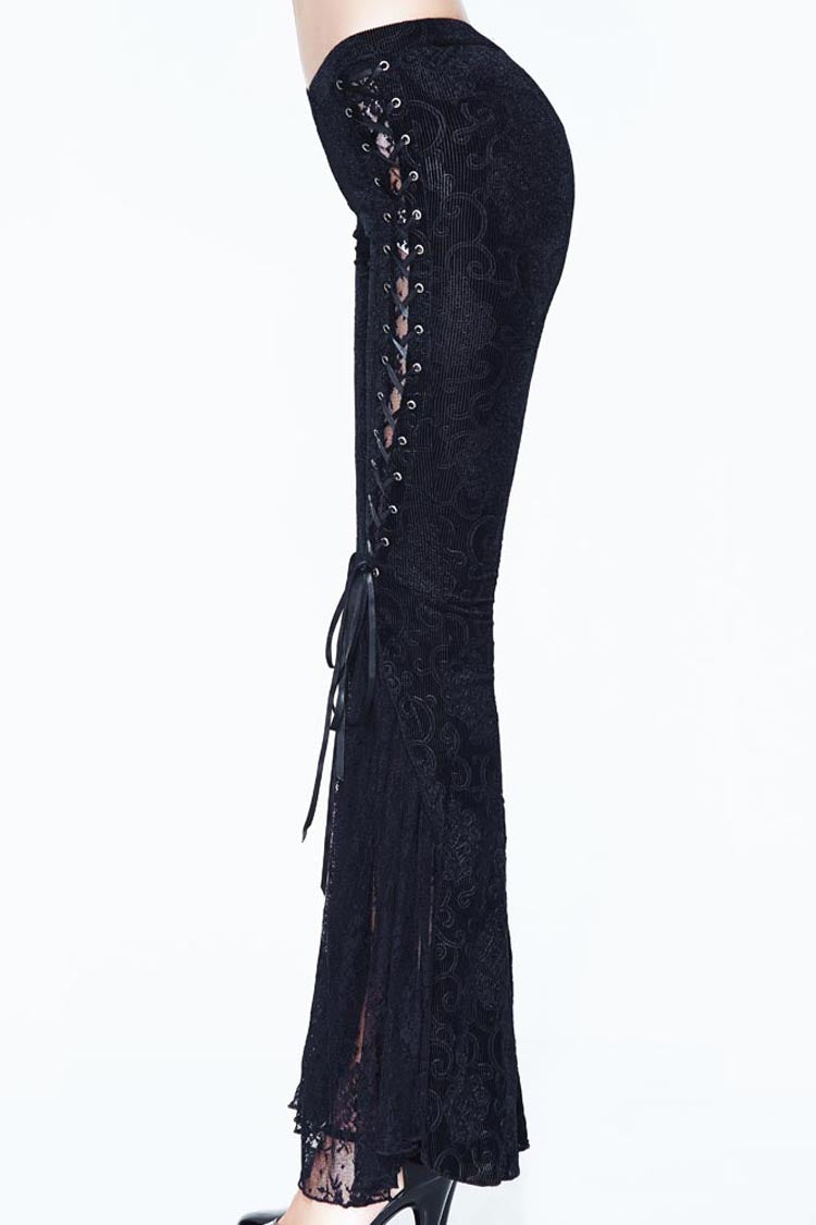 Black Palace Pattern Lace-Up Velveteen Lace Flared Women's Gothic Pants