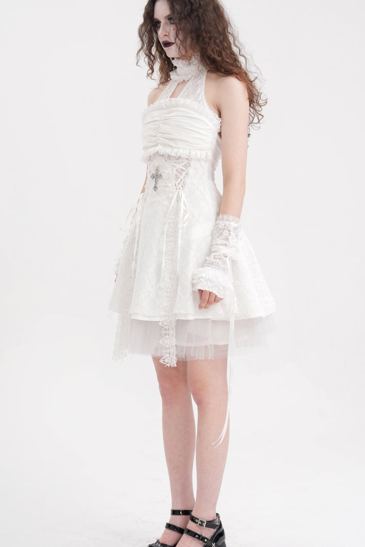 White Cross Halterneck Sleeveless Ruffle Lace Women's Gothic Dress