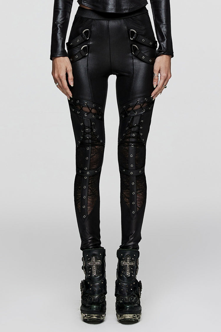 Black Hollow Metal Eyelet Strap Lace-Up Women's Steampunk Leggings