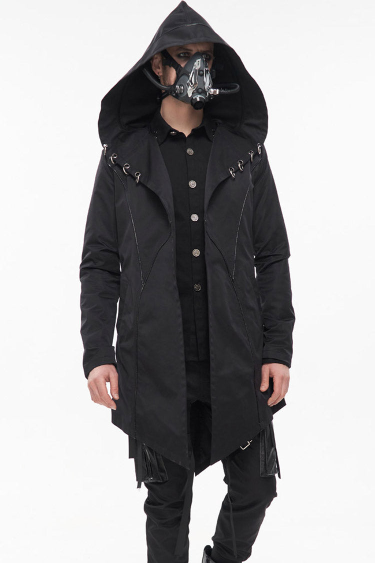 Black Punk Back Splicing Straps Design Windproof Fabric Daily Matching Hooded Casual Men's Coat