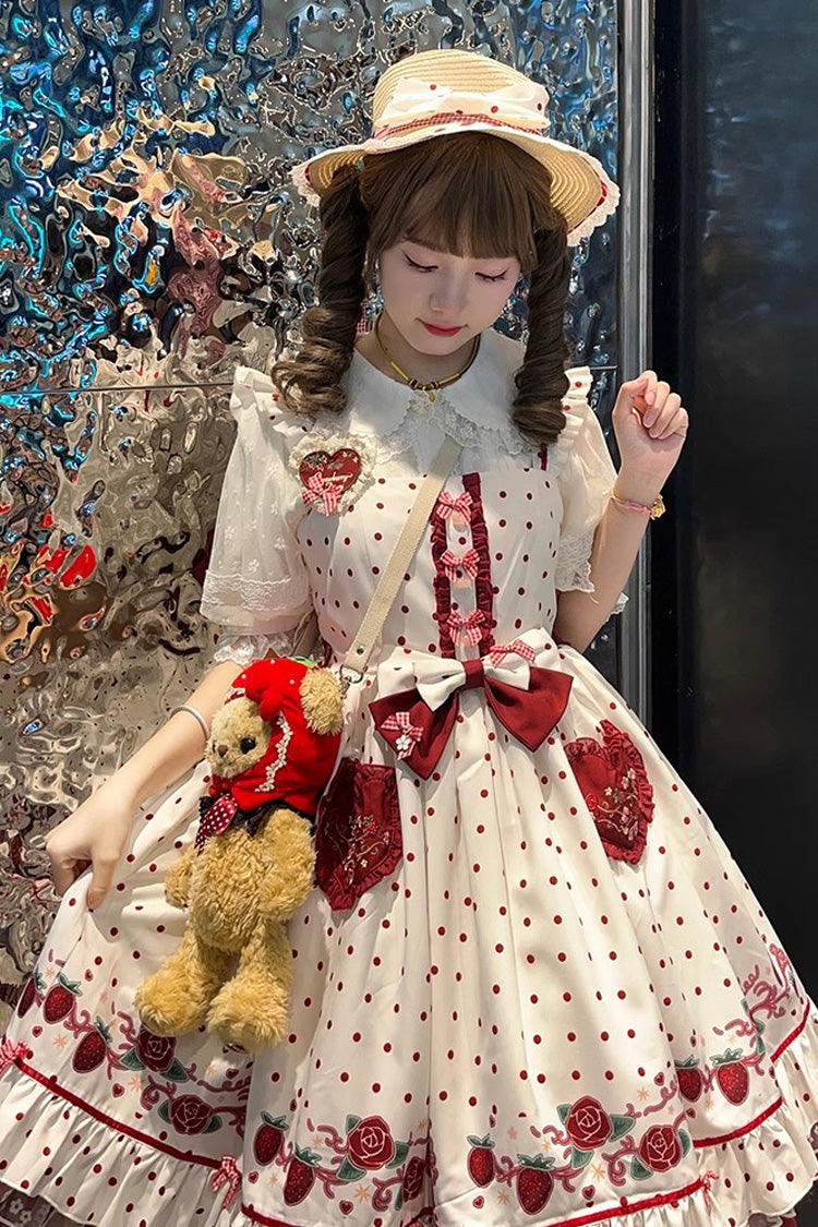 White [Strawberry Diary] Print Ruffle Bowknot Sweet Lolita Jsk Dress