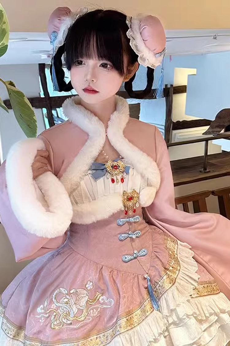 Mehrlagiges Rüschen-Stickerei-Schleifen-Kleid im süßen chinesischen Lolita-JSK-Stil, 2 Farben