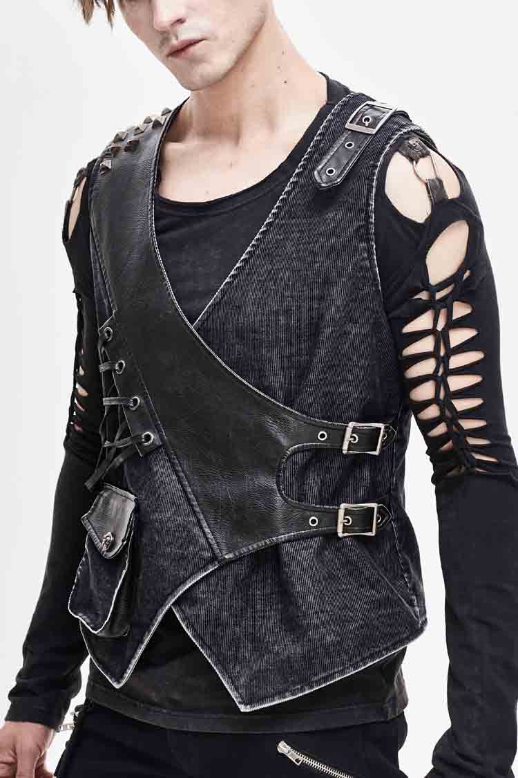 Black V Neck Asymmetric Lace Up Leather Loop Shoulder Rivet Corduroy Men's Punk Waistcoat