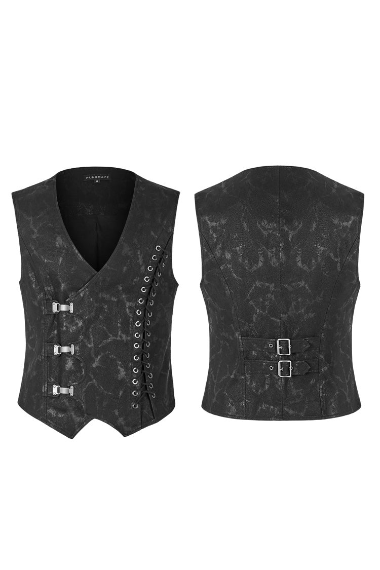 Black V Collar Sleeveless Stripes Buckle Men's Punk Vest