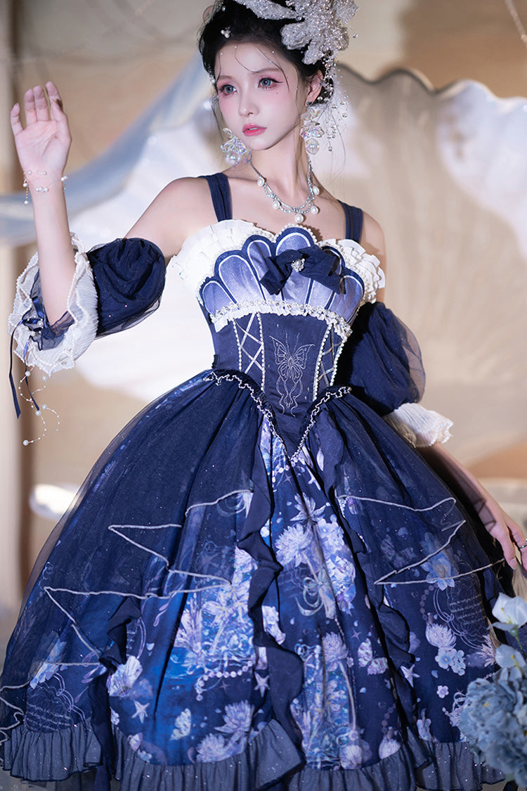 Blue [Deep Sea Jellyfish] Print Ruffle Lace Sweet Elegant Lolita Jsk Dress