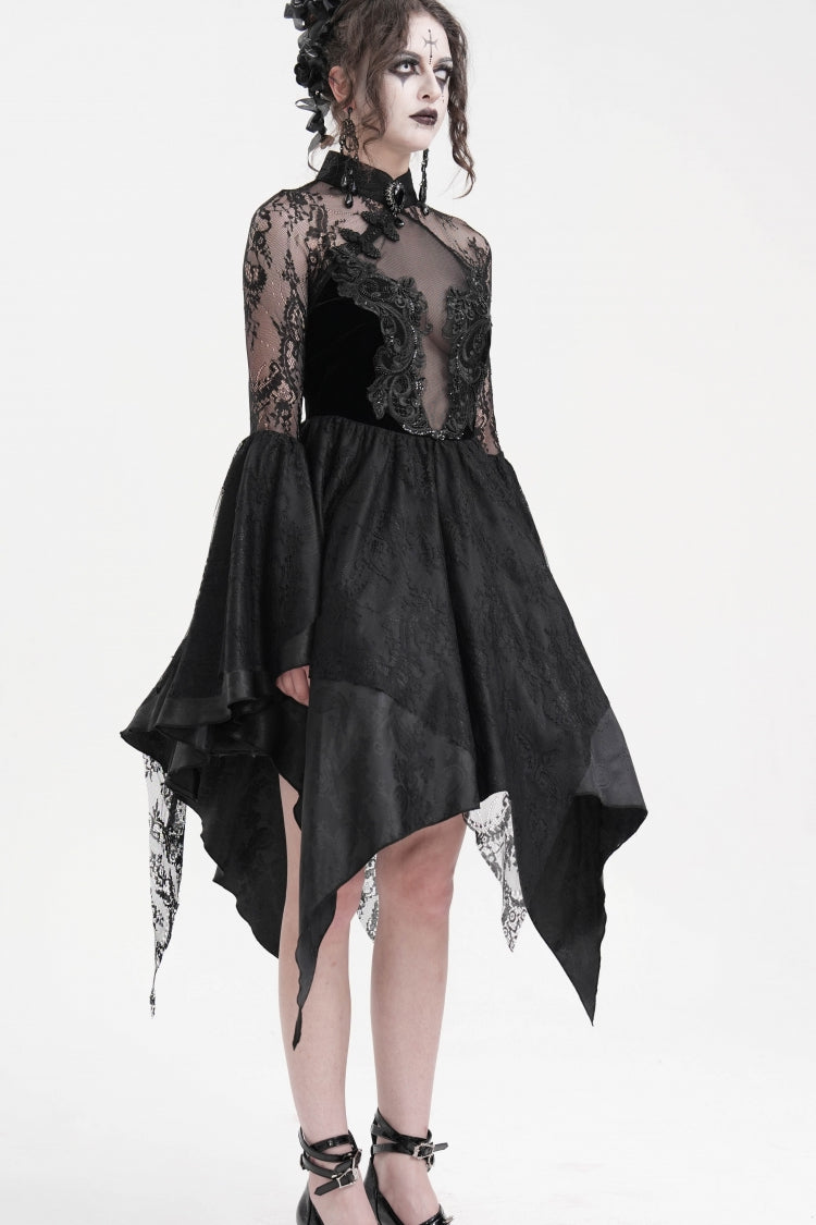 Black Long Sleeves Embroidery Lace Lace-Up Irregular Sheer Mesh Women's Gothic Dress